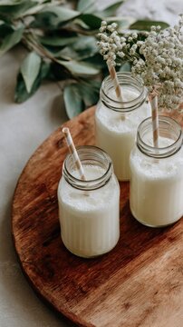 Three glass milk bottles are placed on a wooden tray. Each bottle has a straw. There are small flowers nearby, adding to the setting in a kitchen