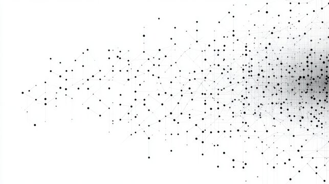 dense cluster of black nodes and thin connecting lines dispersing into a sparse network on white background conveying dynamic connectivity and complexity