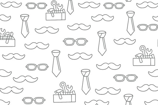 fathers day seamless pattern, dad elements background, mustache tie tools glasses illustration, hand drawn doodle design, masculine pattern, daddy theme wallpaper, monochrome outline vector, repeating