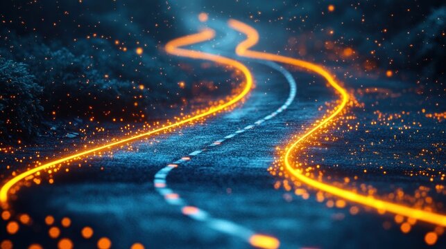winding wet asphalt road lined with glowing orange light trails and floating sparks under blue fog, evoking a mysterious futuristic dreamlike atmosphere