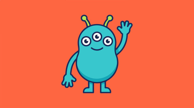 Friendly three-eyed alien waving hello on orange background.