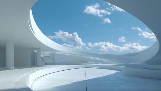 Modern architectural interior with an oval opening to a bright blue sky with