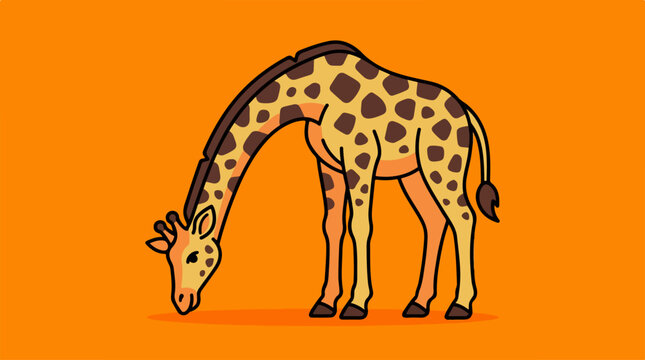 Giraffe gracefully bending down to eat, orange background.