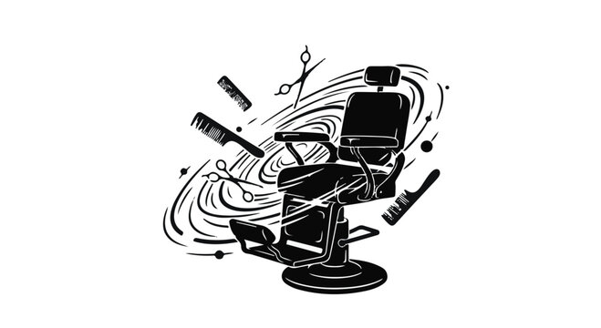 Vintage barber chair surrounded by swirling galaxy and grooming tools