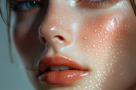 Close-up sensual portrait of a woman's face with dewy skin and water droplets, glossy peach lips, flushed cheek, visible eye and nose conveying fresh intimate glow