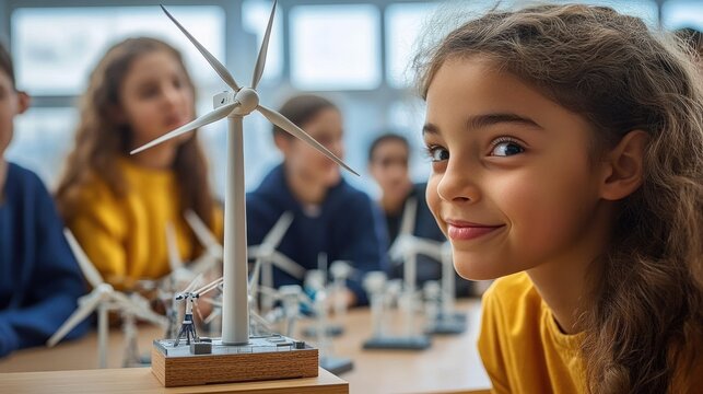 children in a classroom closely examining tabletop wind turbine models with focused curiosity and engaged expressions amid rows of miniature turbines and bright windows