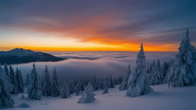 Majestic winter mountain landscape at sunset featuring snow-covered pine trees above a thick blanket of fog and clouds in the valley during a cold vibrant twilight evening or morning