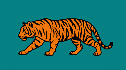 Obraz premium Striking tiger prowling across a teal background, majestic and powerful.