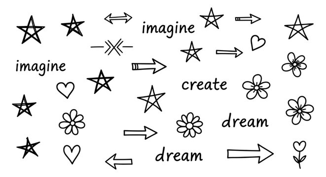 handdrawn doodle collection of stars hearts flowers arrows and uplifting words imagine create dream perfect for various design projects.