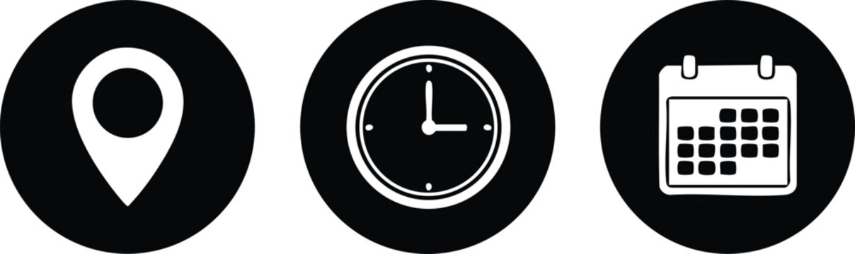 Date time and location icon set, including calendar, clock, and location pin symbols, vector illustrations perfect for business schedules, office planning