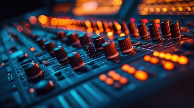 Close-up of illuminated audio mixing console with knobs, faders and glowing orange LEDs in cool blue studio lighting, evoking focused creative energy and vibrant atmosphere