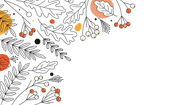 Hand drawn autumn border featuring line art of oak leaves and berries with orange and yellow circular accents.