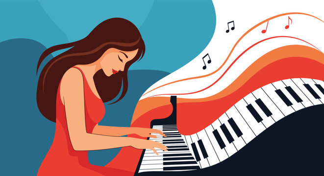 Elegant woman with long brown hair playing a grand piano with musical notes and abstract waves in the background.