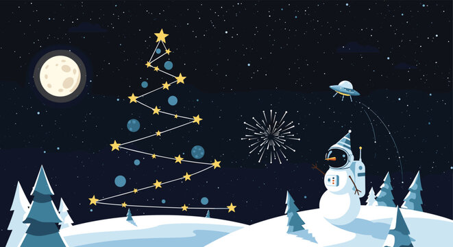 Whimsical winter night scene with a snowman astronaut, a flying saucer, and a star constellation christmas tree.