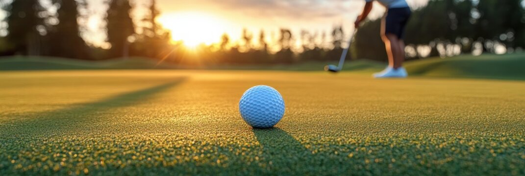 Close-up of a golf ball on a putting green at golden hour as a golfer prepares a putt in the background, warm sunset light and long shadows evoking calm focus and anticipation