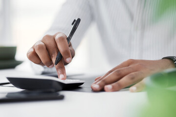 Fototapeta premium Business, finance or hands with calculator in office for investment valuation, bond pricing or ROI. Financial analyst, person or tech at banking firm for interest rate conversion, budget or cash flow