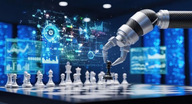 A robotic arm playing chess with a human player.