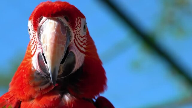 A vibrant parrot with red feathers and a prominent beak