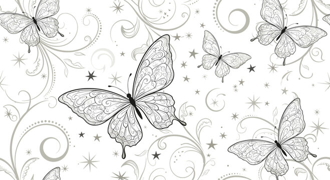 Elegant seamless pattern of grey butterflies flying among delicate scrolls and many stars on a white background.