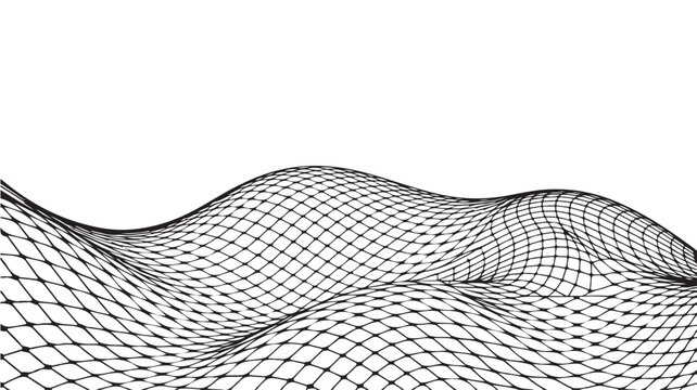 Grid Wave Pattern Mesh, Black Distorted Topography Vector for Abstract Technology Backgrounds