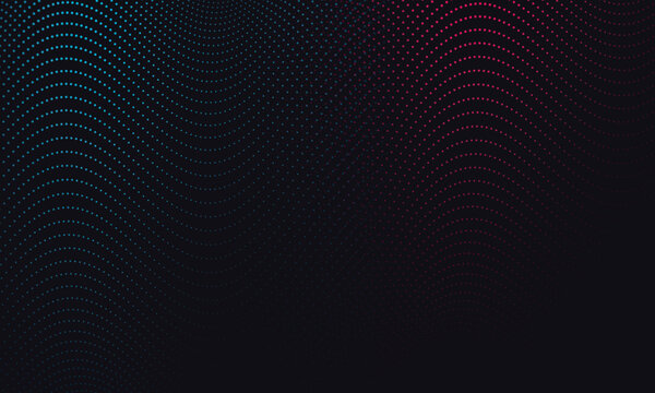 Glowing cyan and magenta dots forming wavy patterns on dark background, abstract wave