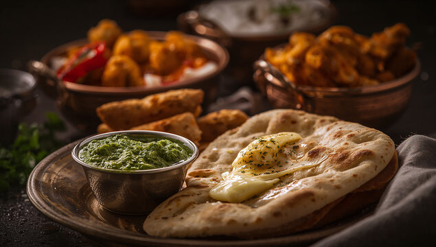 Delicious indian bread and curry platter with chutney dip, close-up shot with warm lighting, indian food