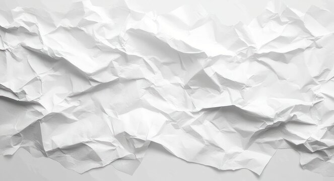 crumpled white paper sheet with deep wrinkles and overlapping folds casting dramatic shadows, conveying disorder and tactile roughness