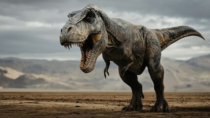 Fototapeta premium Tyrannosaurus Rex dinosaur roaring in a prehistoric landscape