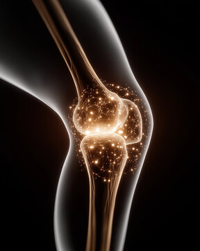Detailed Knee Joint Anatomy: A high-tech image, illuminated the complex structure and detailed anatomy of a knee joint. showcasing its integral components.