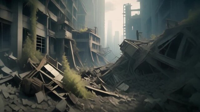 Abandoned city street with rubble and debris after disaster