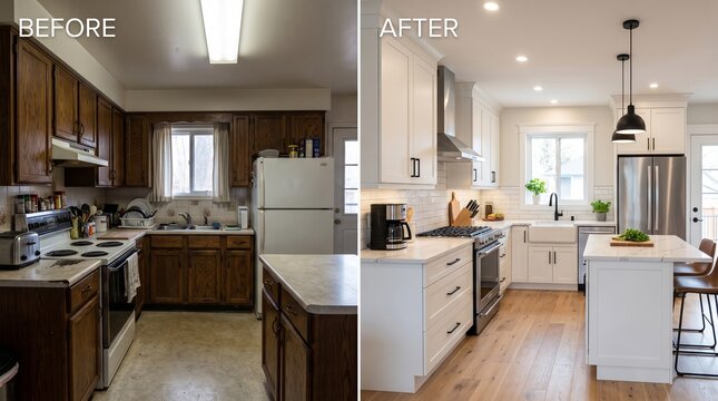 Kitchen Renovation Before and After: Old Dark Cabinets to Modern White Kitchen with Island