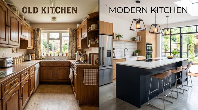 Old vs Modern Kitchen Renovation Comparison Split Screen