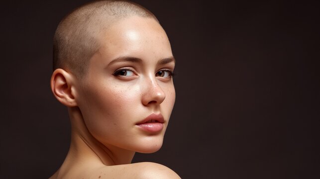 Close up profile of a bald woman against dark background