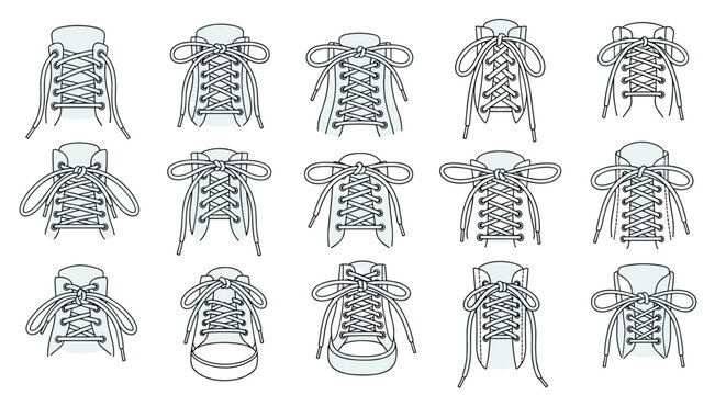 Detailed grid of fifteen different shoe lacing techniques and patterns shown on grey and white sneaker outlines.