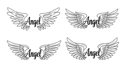 Obraz premium Set of four decorative angel wings illustrations with the word Angel written in the center in a stylish cursive font.