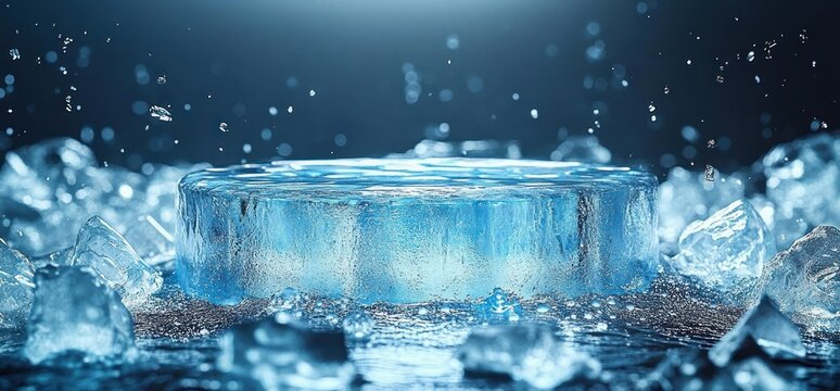 large round ice disc surrounded by scattered ice chunks and splashing water droplets under cool blue light, conveying a crisp refreshing and invigorating cold mood