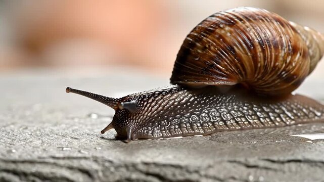 Snail Crawling Slowly Across a Textured Wet Stone Surface