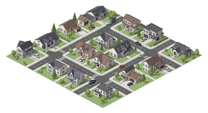 Isometric View of a Suburban Neighborhood with Houses and Streets.