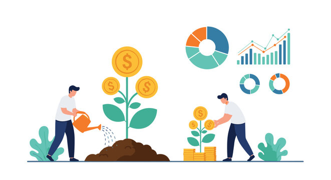 Financial growth concept showing people watering and harvesting money from coin trees with data charts behind them.