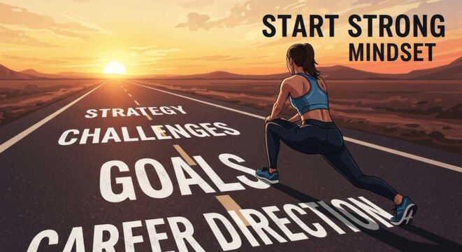 A woman stretching on a road with the words 'Start Strong Mindset' written on it.