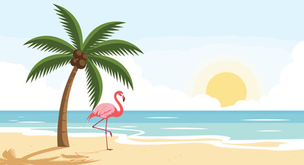 Fototapeta premium Serene tropical beach landscape with a tall palm tree and a pink flamingo standing in the sand during sunset.