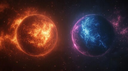 Naklejka premium Dramatic confrontation of two glowing planets: a fiery orange world and an icy blue world amid swirling nebulae and distant stars