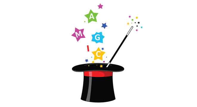 Magician top hat with a black wand and colorful magic stars floating out with letters spelling the word magic.