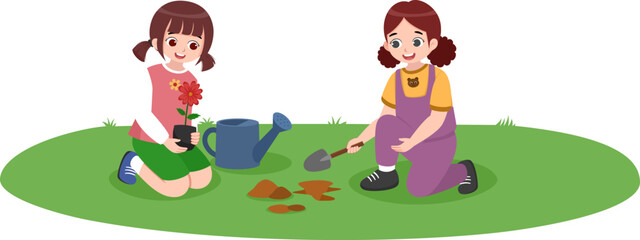 Obraz premium Happy Kids Planting Flowers Together, Gardening Activity for Children, Earth Day Eco Friendly Illustration
