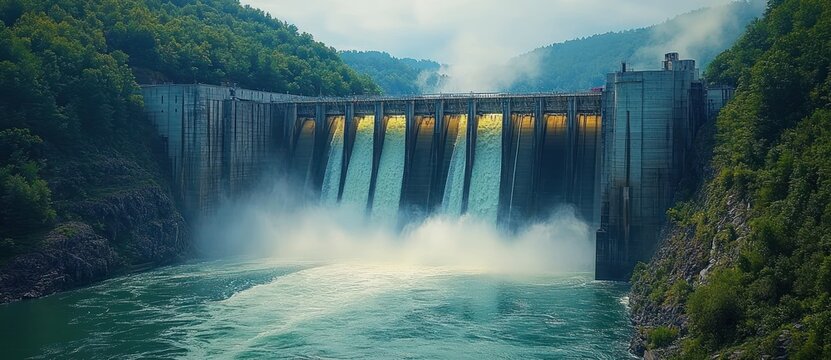 Massive concrete dam releasing torrents through multiple spillways between lush forested hills, mist and spray rising over a turquoise river &mdash; a dramatic, powerful scene
