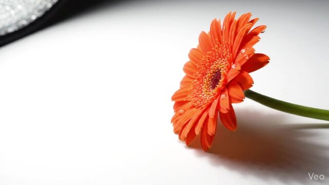 White background with colorful flower casting long soft shadow clean commercial aesthetic
