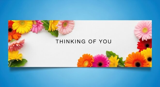 A colorful flower arrangement with a white background and the words 'THINKING OF YOU' in the center.