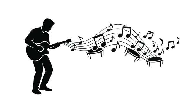 Musician silhouetted playing guitar with flowing musical notes creating a vibrant melody.