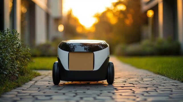 compact autonomous delivery robot rolling along a cobblestone residential path at golden hour, calm futuristic scene