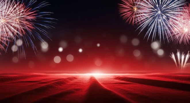 A vibrant fireworks display against a dark sky, with red and blue fireworks illuminating the night sky.
